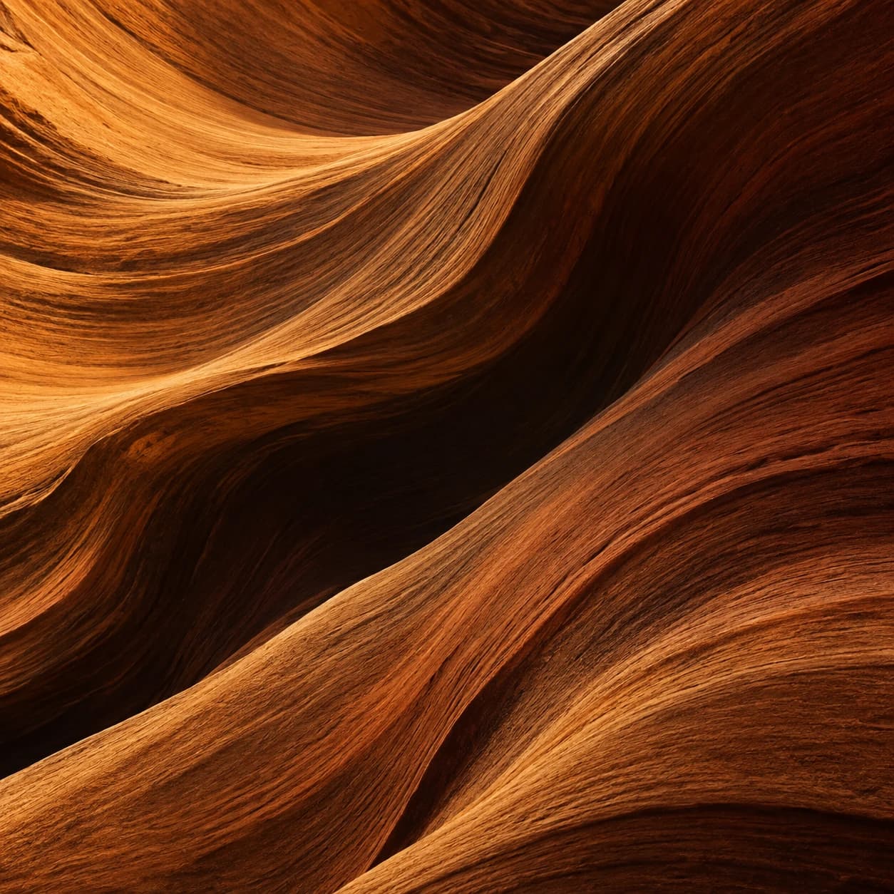 AI abstract close-up of wind-carved sandstone forming flowing layers of amber, ochre and rust.