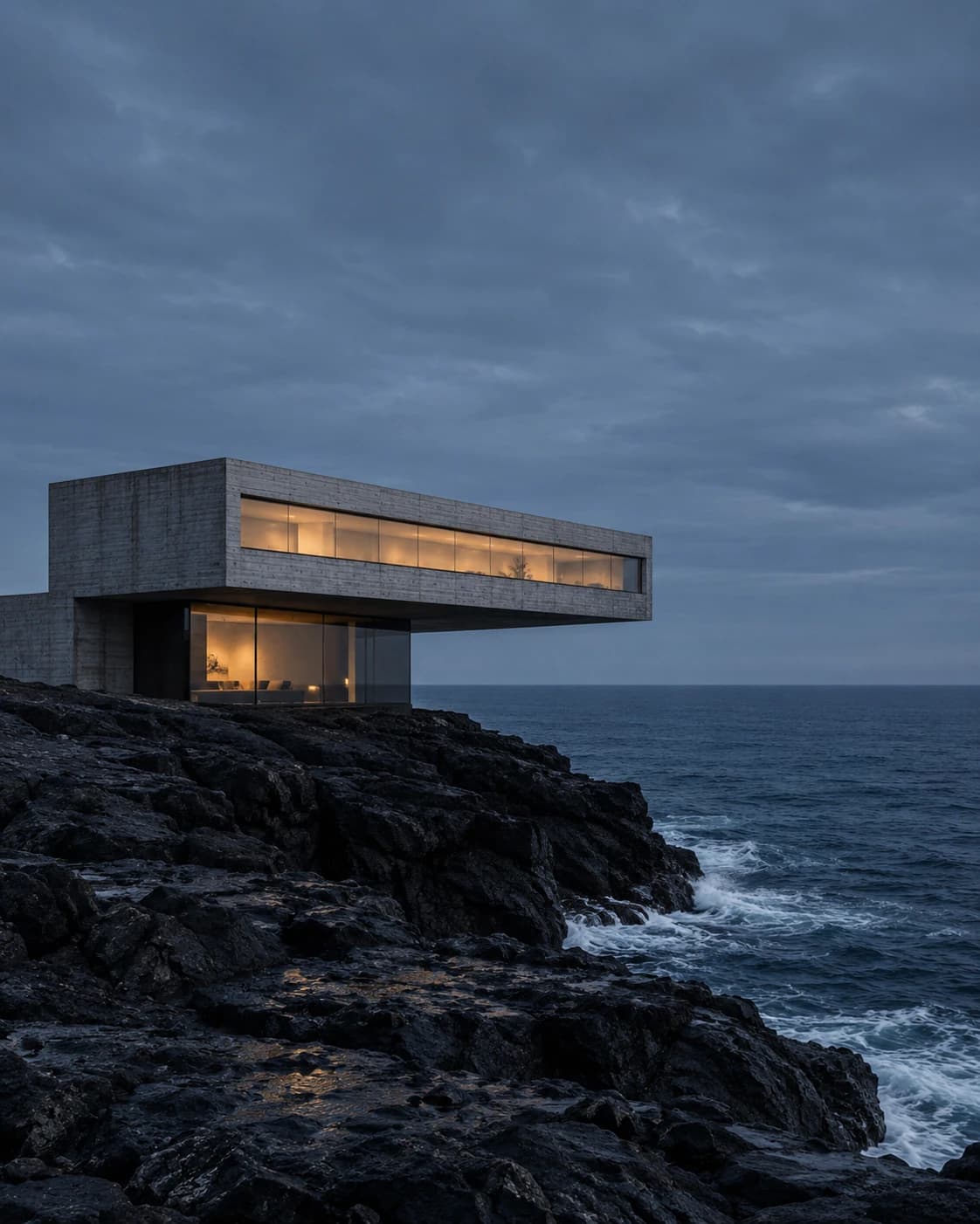 AI architectural photograph of a cantilevered concrete house on black coastal rocks above the ocean at blue hour, warm light in its long window.