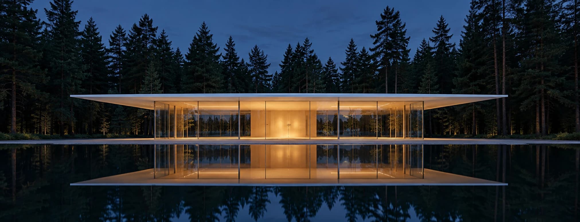 AI panoramic architecture photograph of a glass pavilion under a thin floating roof, mirrored in a still pool in a pine forest at dusk.