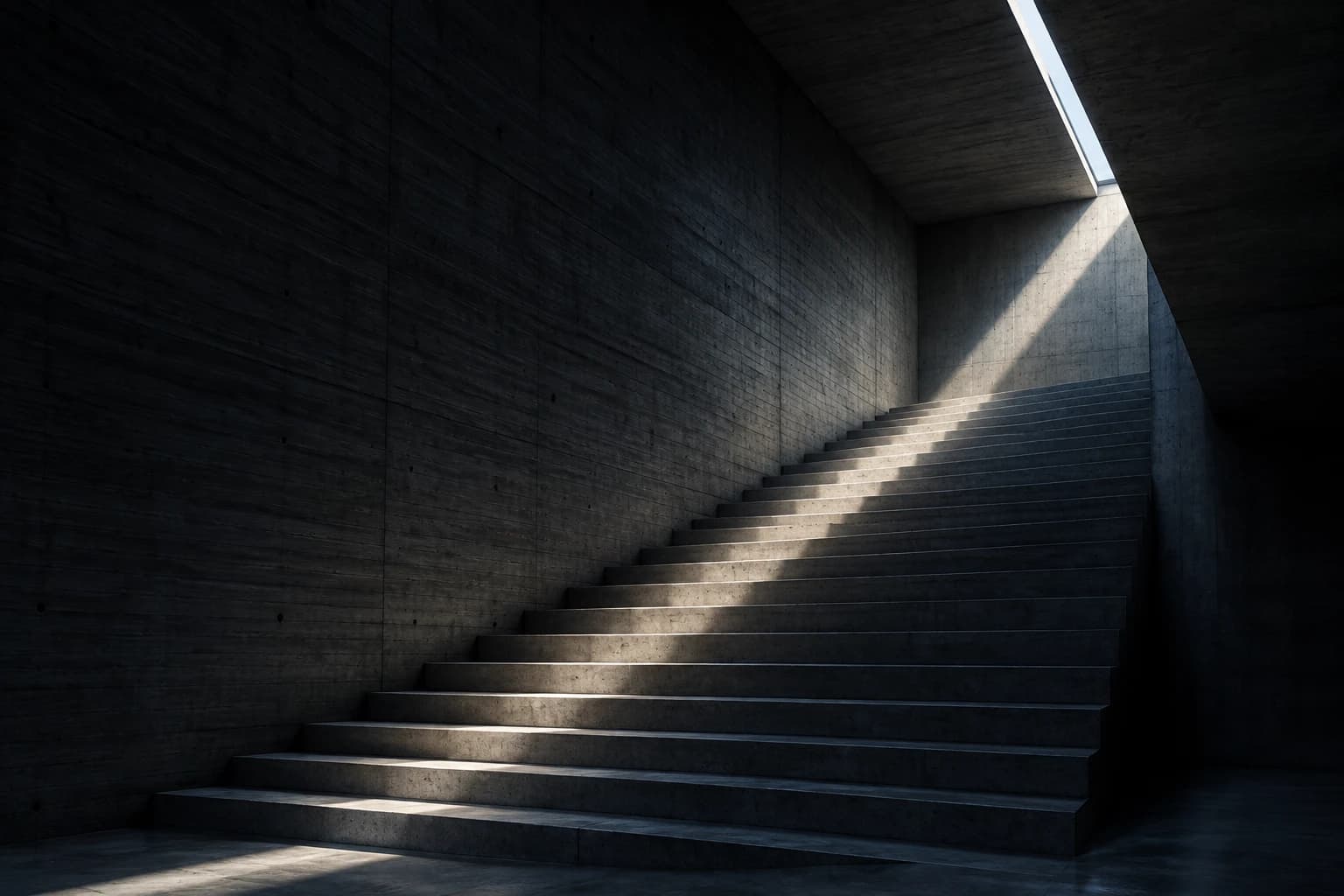 AI architectural photograph of a monumental concrete stairwell crossed by a single blade of daylight from a narrow skylight.