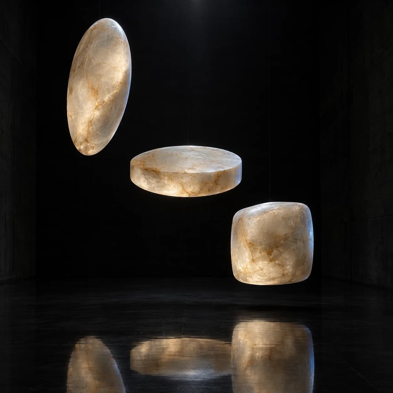 AI fine-art photograph of three translucent alabaster forms suspended in a dark hall, reflected on a polished black floor.
