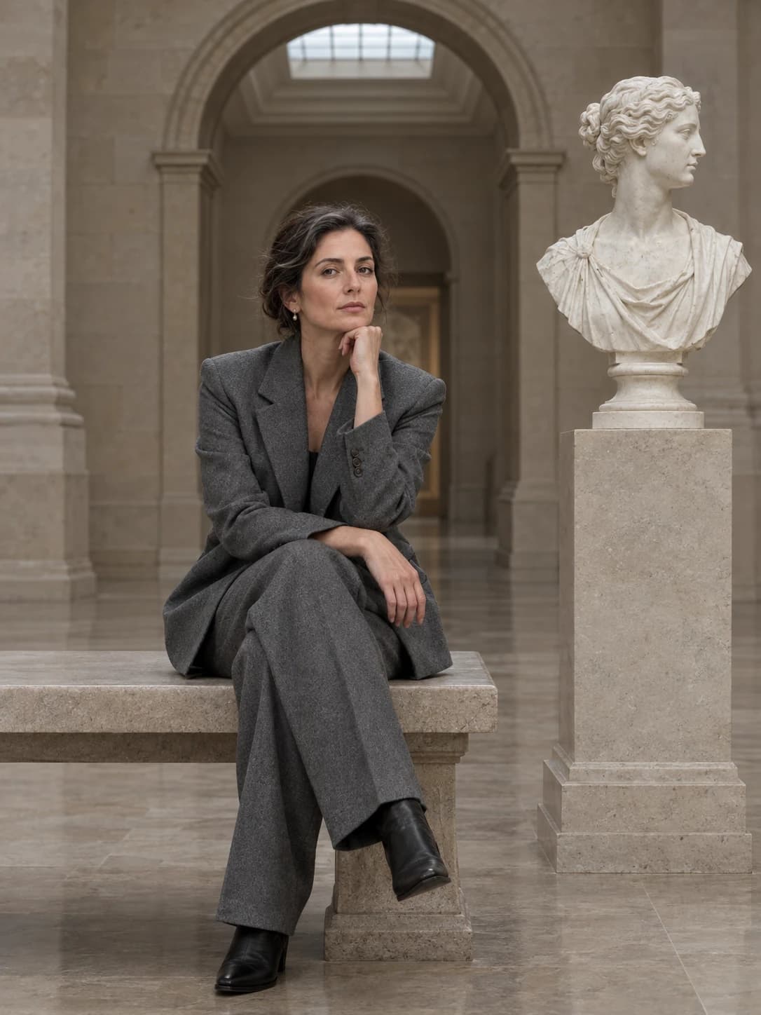 AI editorial portrait of a woman in a grey suit seated on a stone bench beside a marble bust in a classical museum hall.
