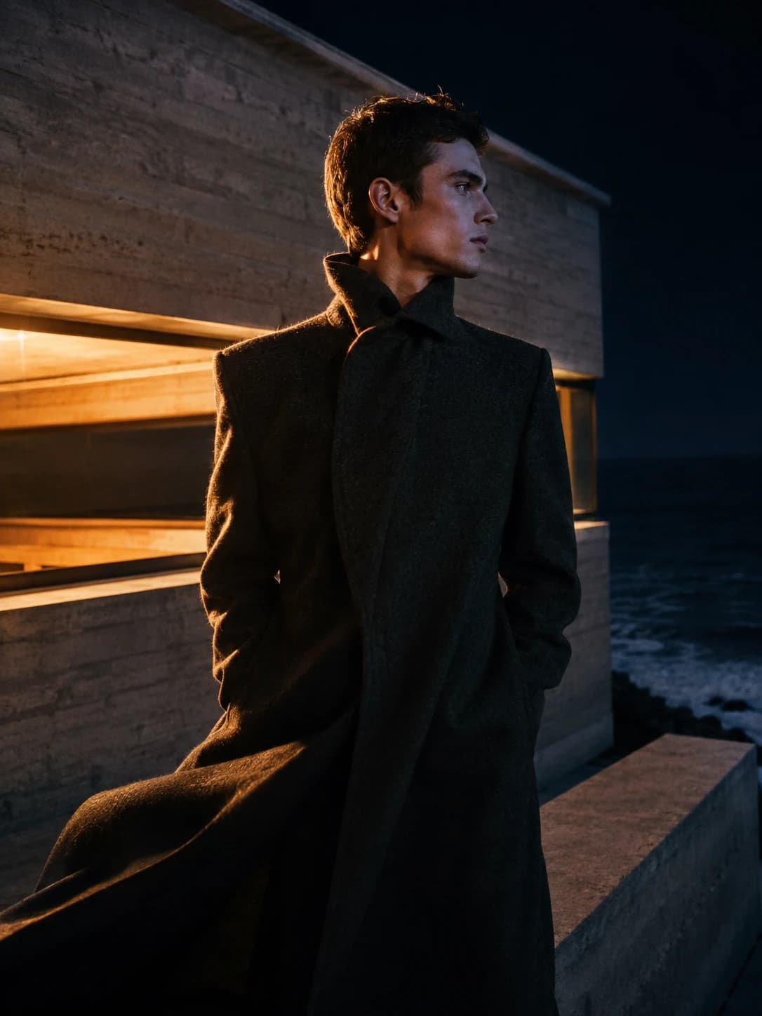AI fashion editorial of a man in a long dark wool coat on the terrace of a concrete ocean house at night, rim-lit by warm window light.