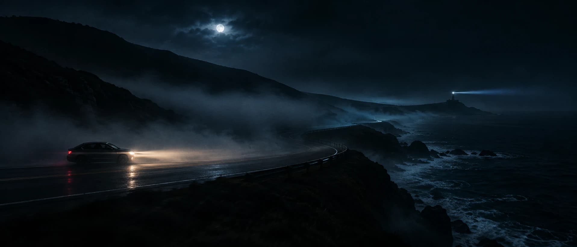 AI widescreen film still of a lone car with headlights on a fog-covered coastal road at night under the moon.