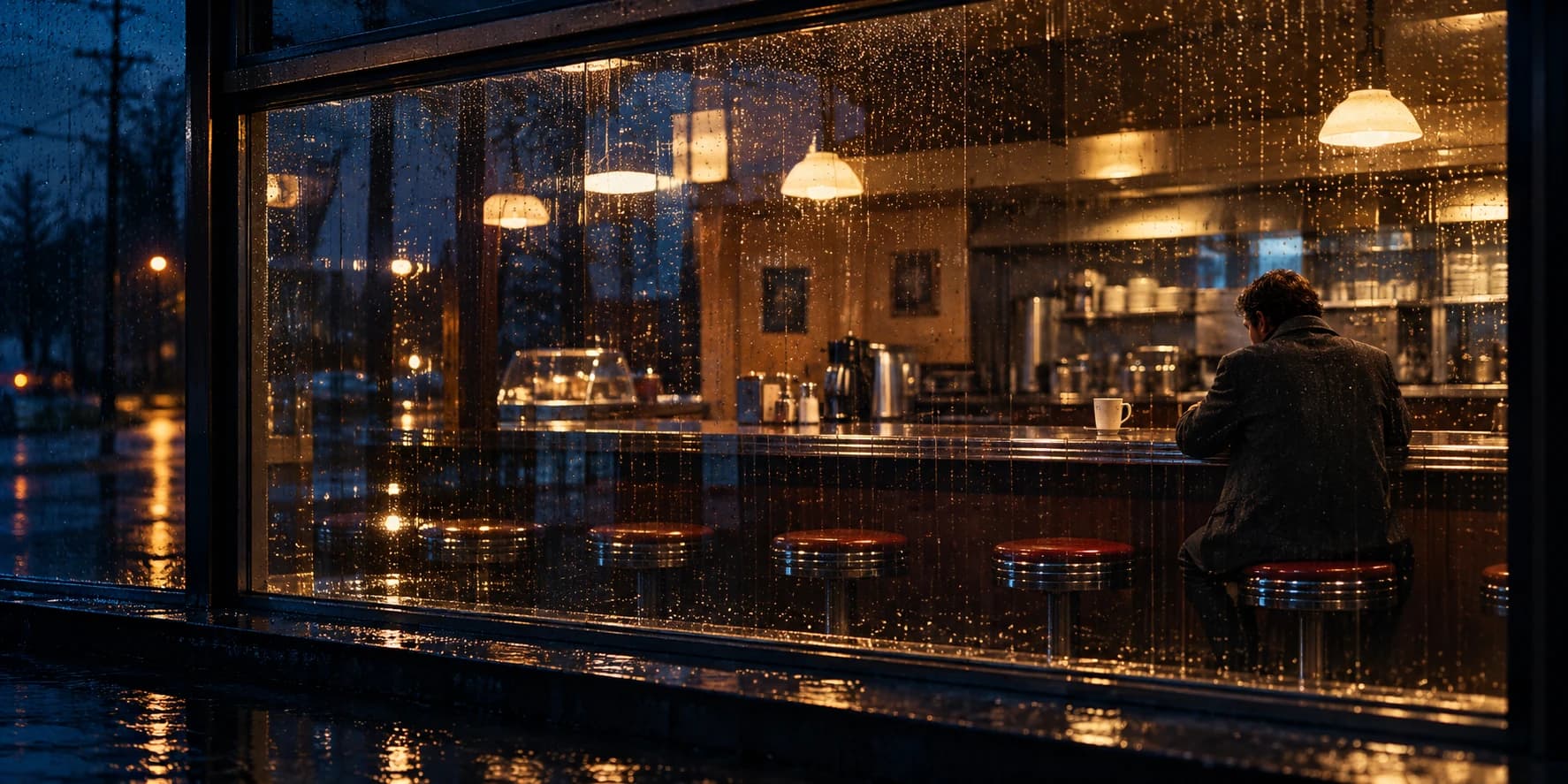 AI film still of a lone customer at the counter of a warmly lit diner, seen through a rain-streaked window at night.
