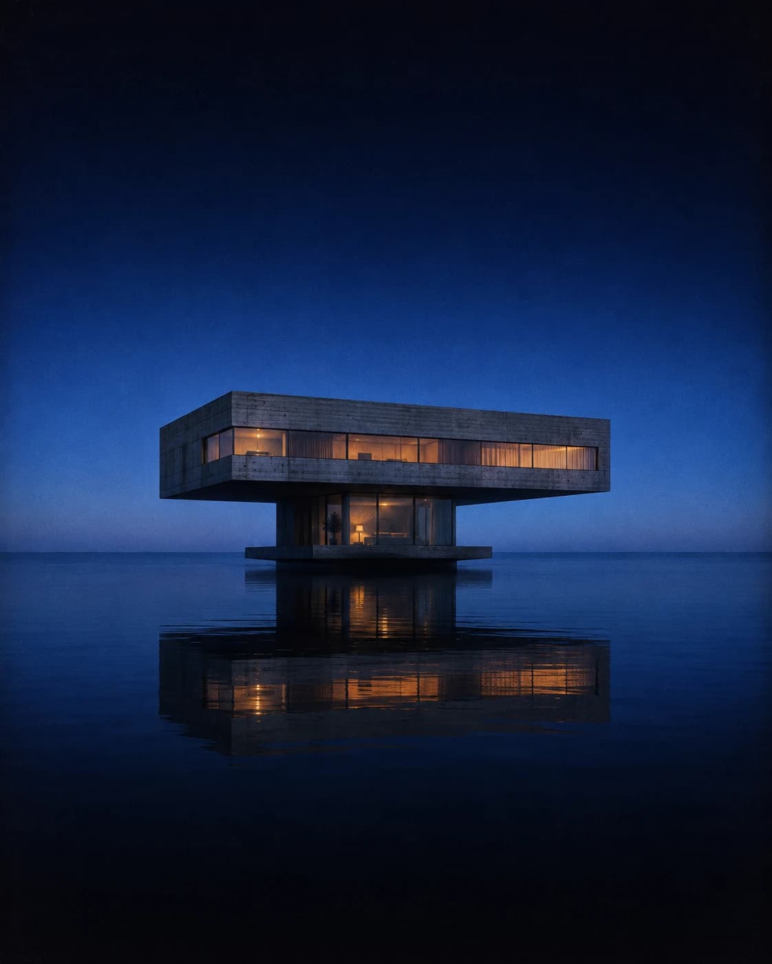AI image generated from a text prompt: a brutalist concrete house hovering above a mirror-calm black ocean at deep cobalt blue hour.