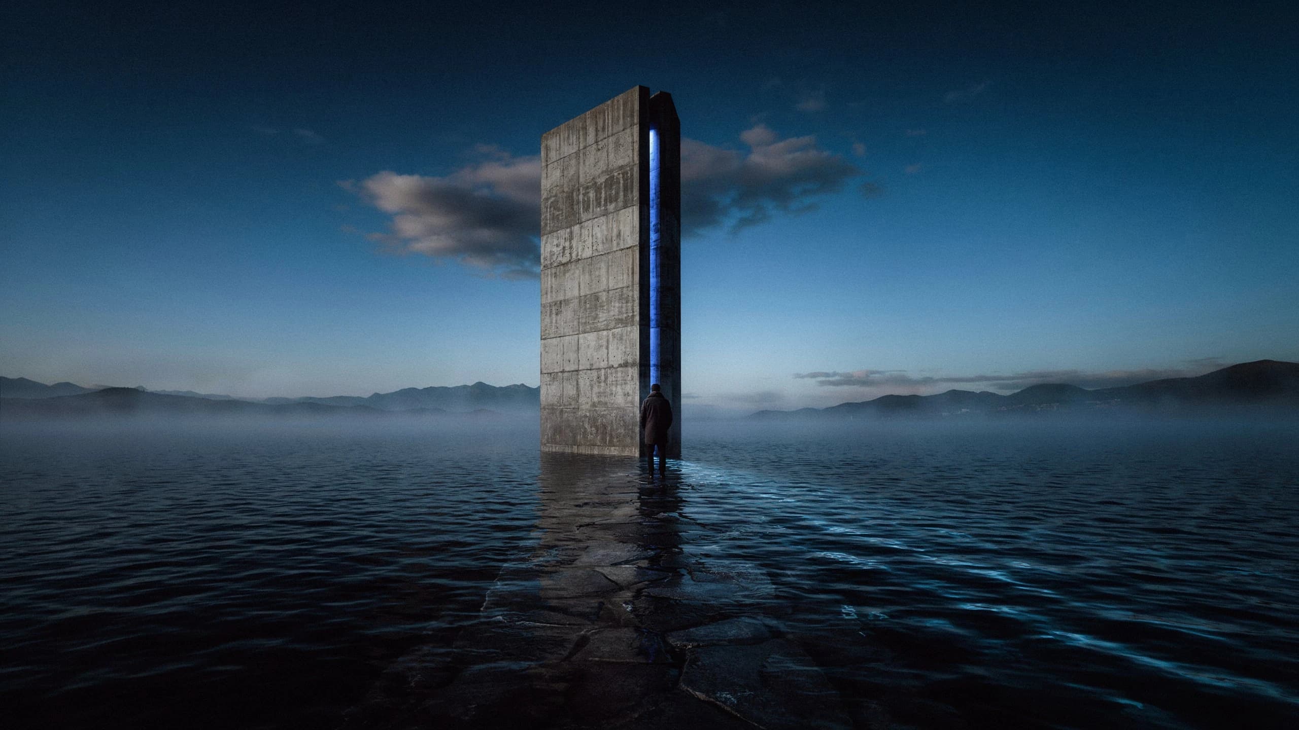 AI-generated cinematic image of a lone figure at the foot of a towering concrete monolith with a glowing blue seam, rising from a still dark ocean at blue hour.