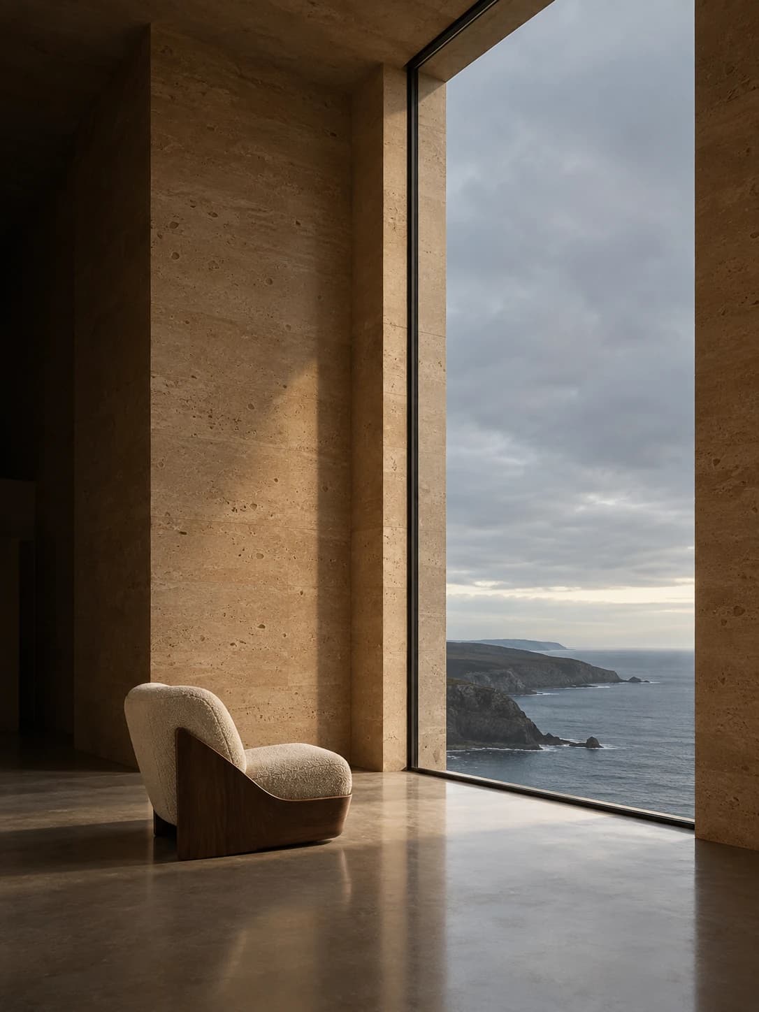 AI interior visualization of a limestone living room with a sculptural lounge chair and a floor-to-ceiling window over a rocky sea coast.