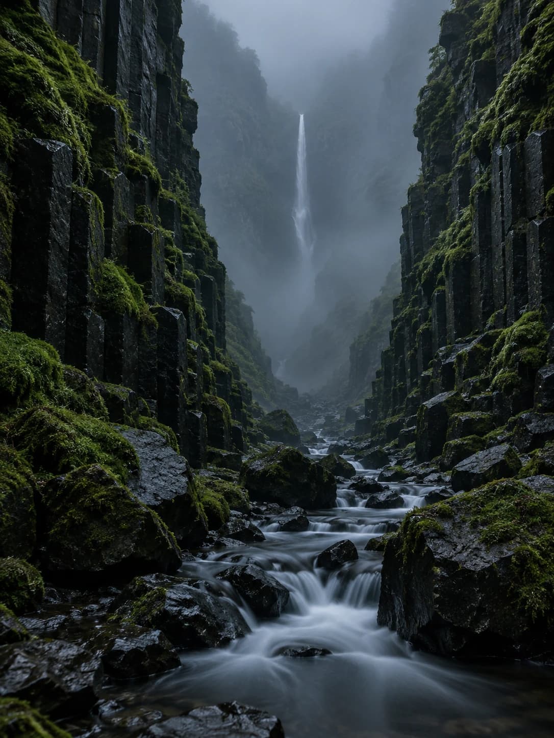 AI landscape photograph of a misty basalt gorge with moss-covered cliffs, a distant waterfall and a stream over dark rocks.