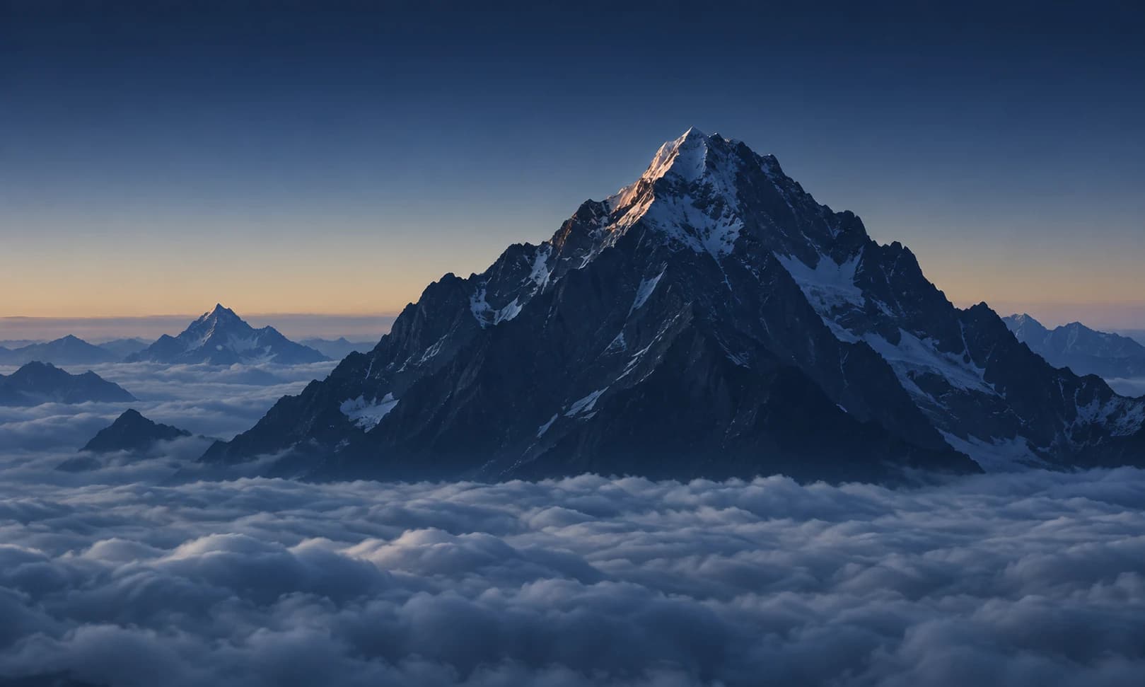 AI landscape photograph of a snow-capped mountain peak rising above a sea of clouds at dawn.