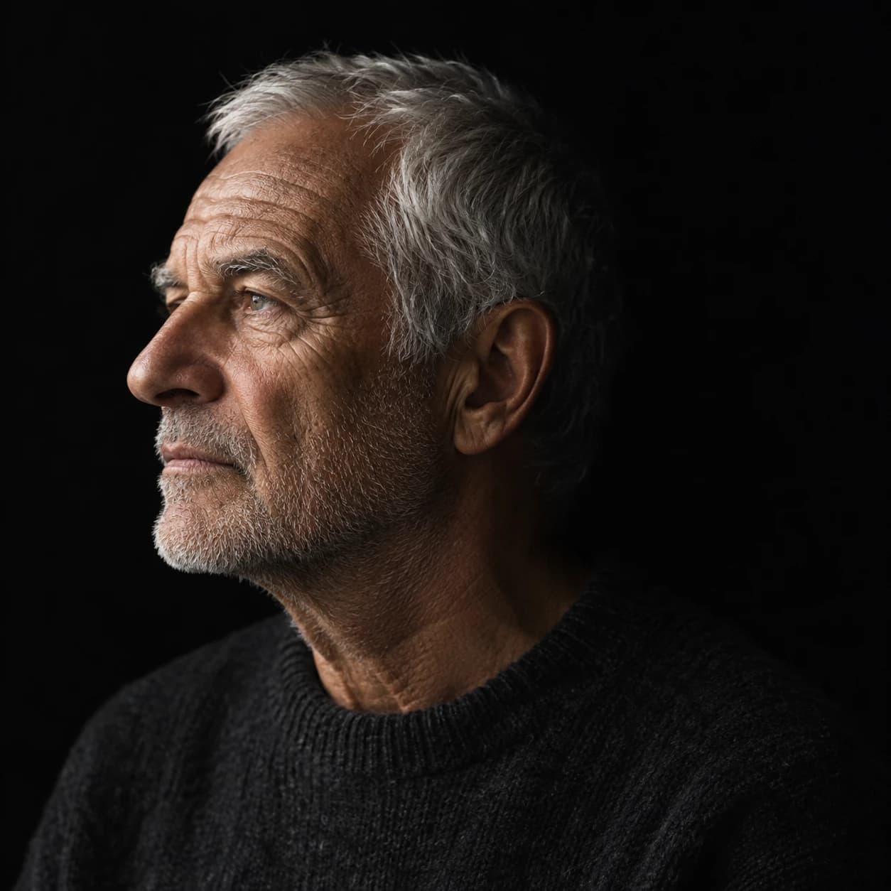 AI fine-art portrait of an older man with grey stubble in profile, lit by soft window light against a black background.