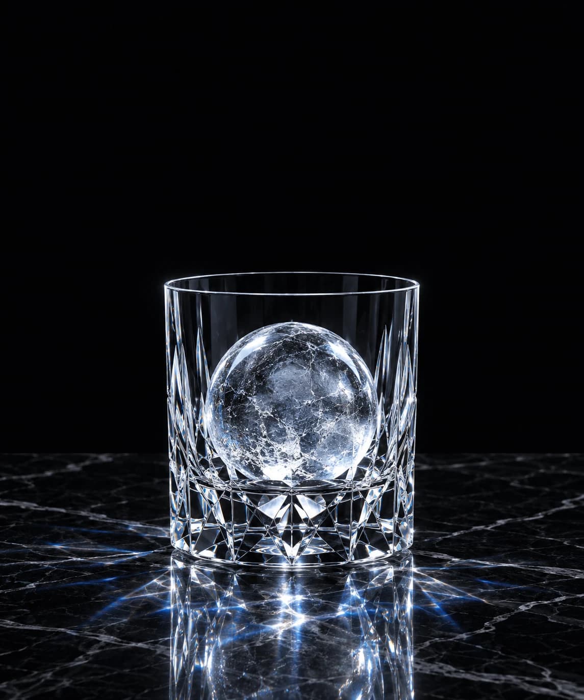 AI product photograph of a cut-crystal tumbler holding a clear ice sphere on black marble, backlit with sparkling caustics.