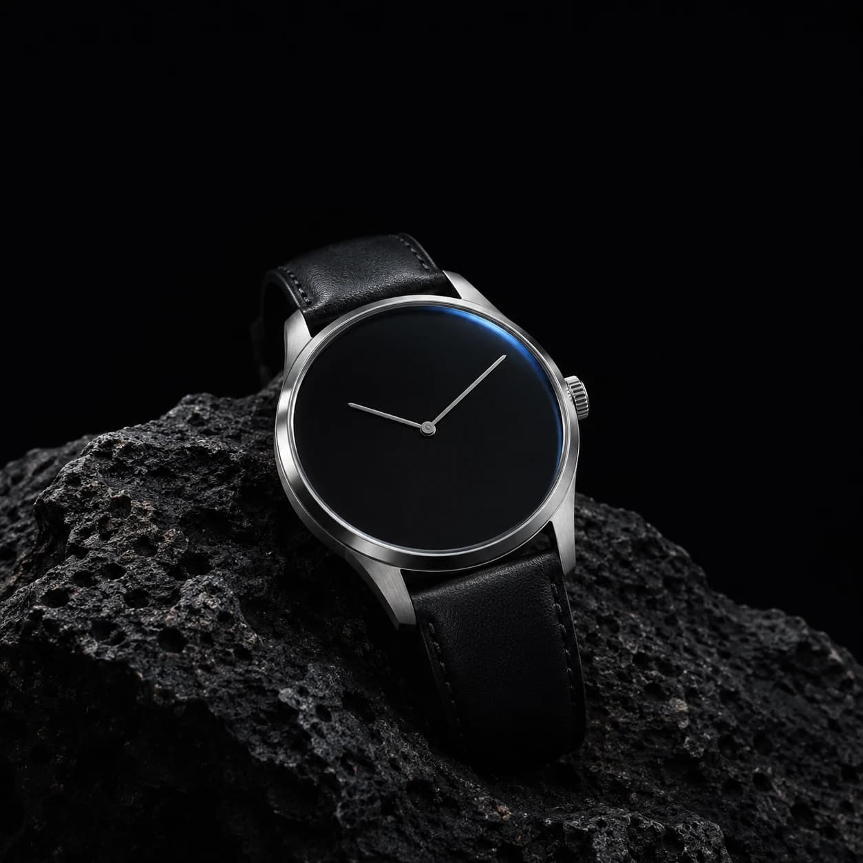 AI product photograph of a minimalist steel wristwatch with a black dial resting on dark volcanic rock in a single beam of light.