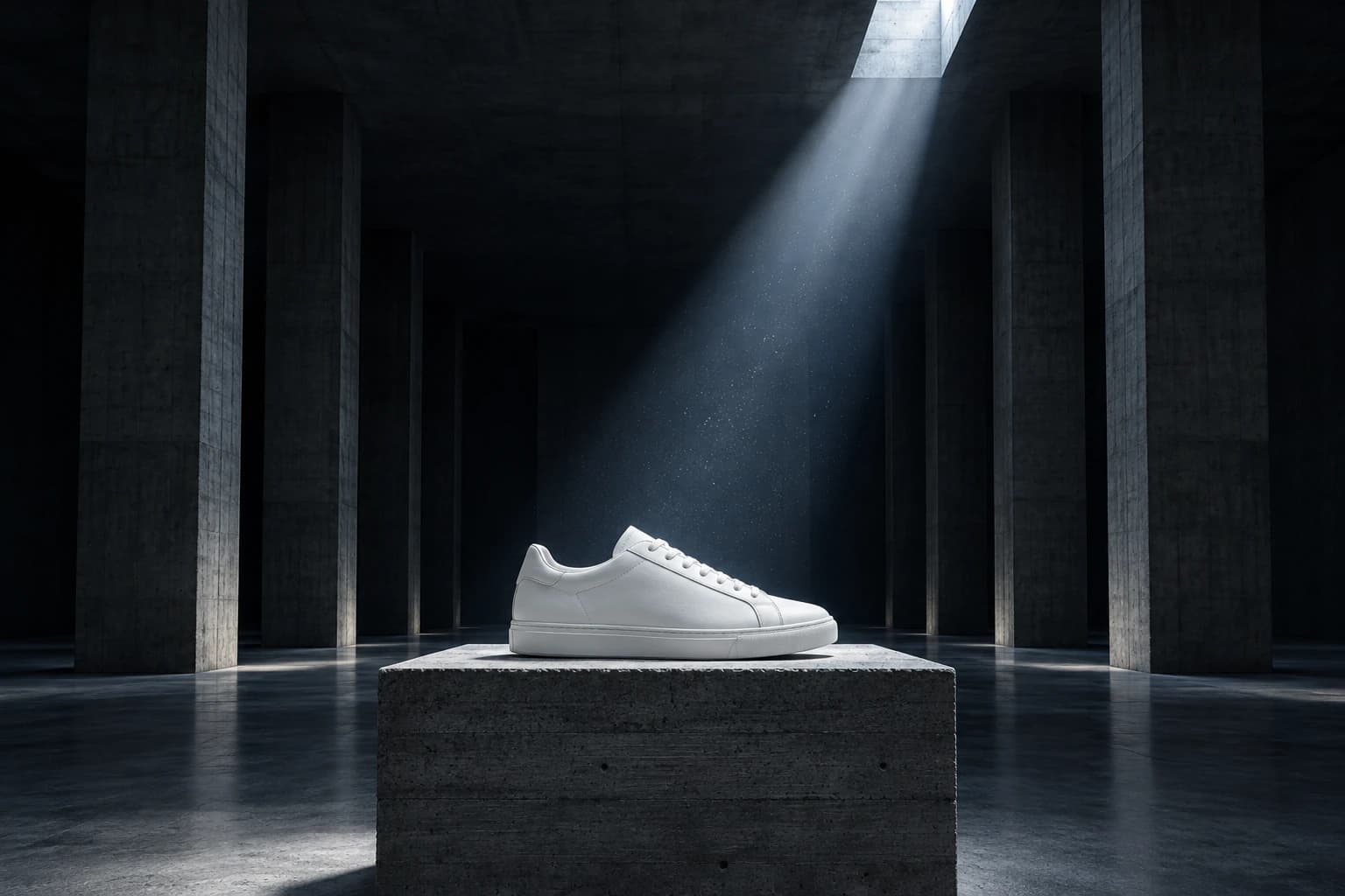 The same white sneaker transformed by AI into a campaign image: on a concrete plinth in a vast brutalist hall under a shaft of daylight.
