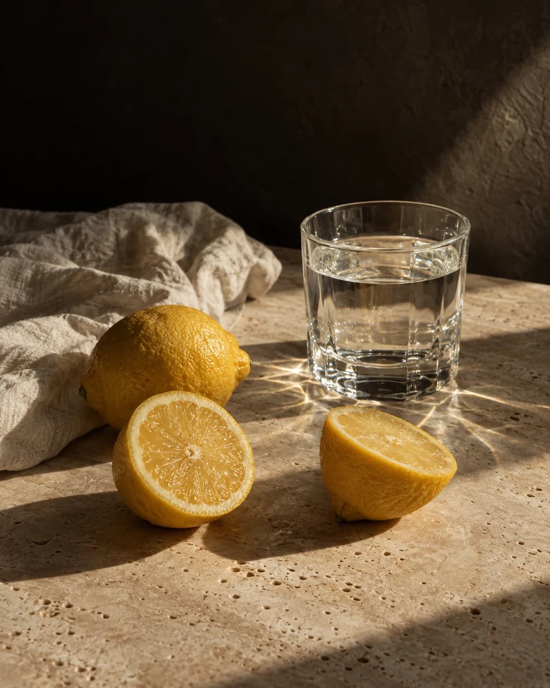 AI editorial still life of halved lemons, a glass of water and a linen cloth on a travertine table in raking morning sunlight.