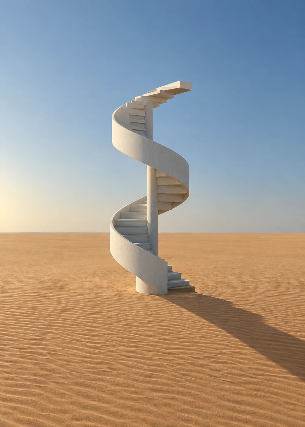 AI surreal photograph of a white spiral staircase rising out of desert sand into a clear sky and ending in mid-air.