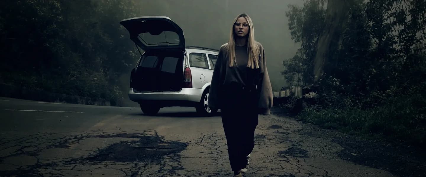 A woman walking away from the parked car toward the camera.