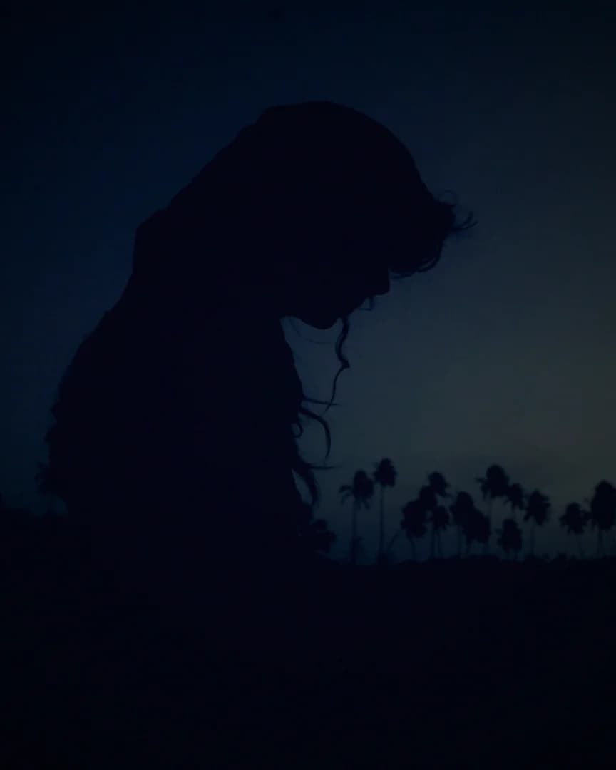 The silhouette of a young woman against a blue dusk sky and a line of palm trees.